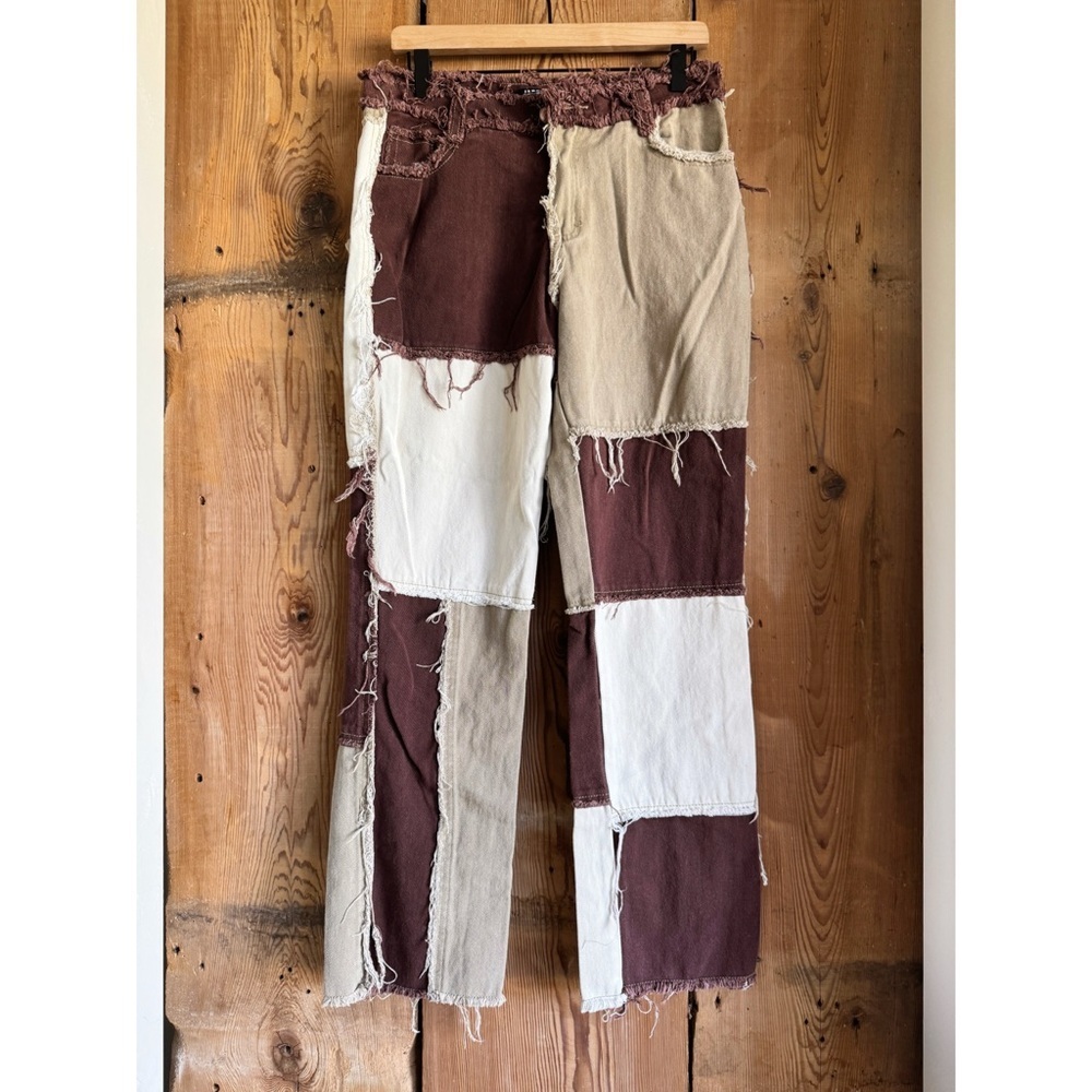 Sz 28 Jaded London Brown Distressed Patchwork Denim Boyfriend Fit Jeans GUC